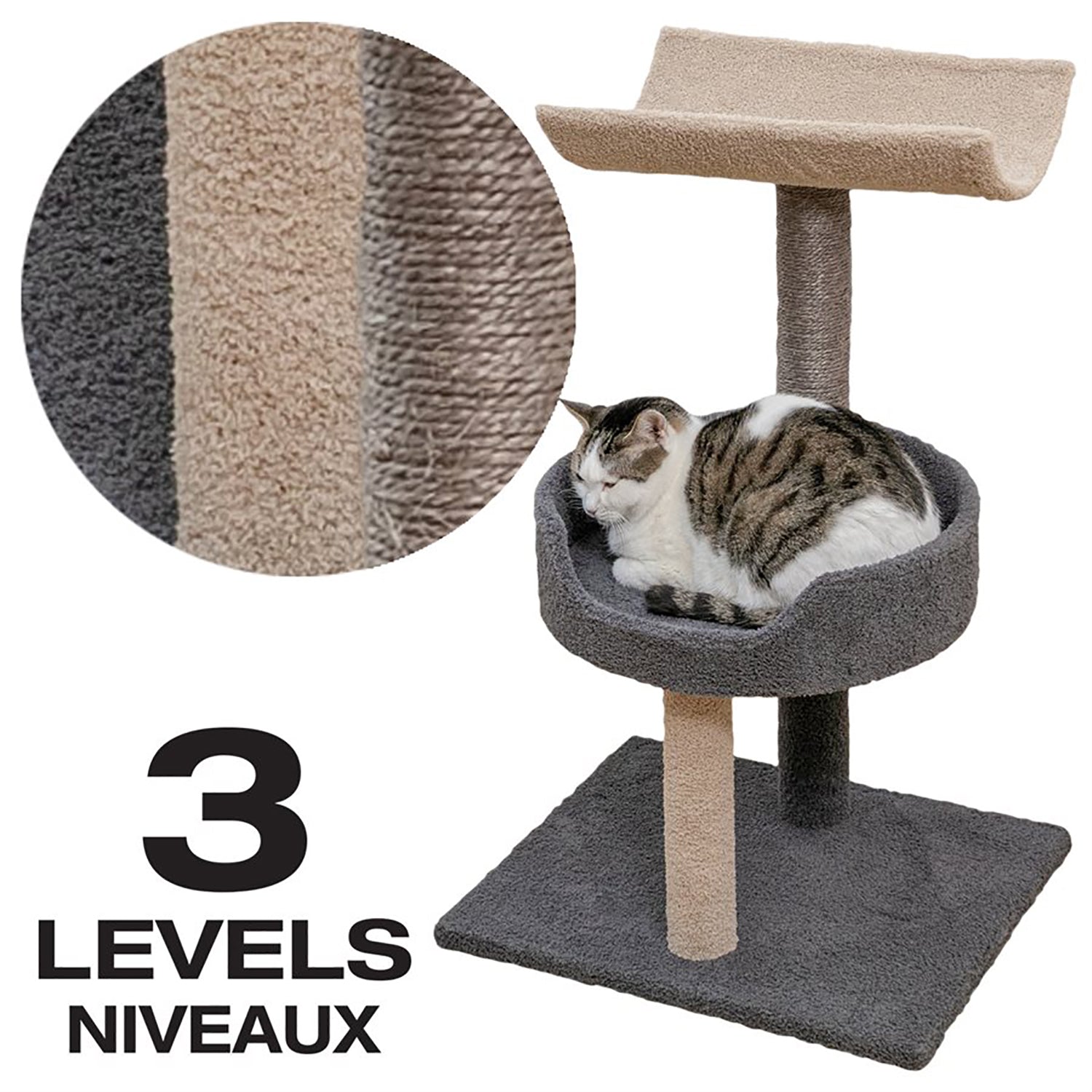 Animooos - Arbre à Chat en Moquette à 3 Niveaux, 30" de Hauteur, Gris et Beige - Simple Boutique