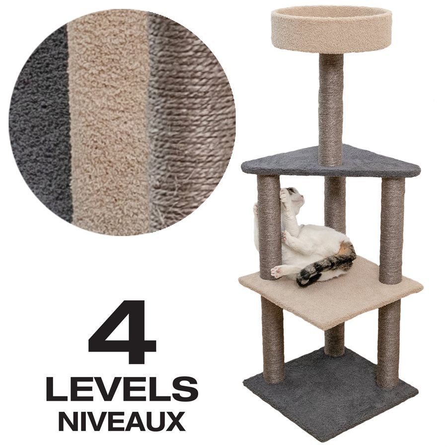 Animooos - Arbre à Chat en Moquette à 4 Niveaux, 46" de Hauteur, Gris et Beige - Simple Boutique