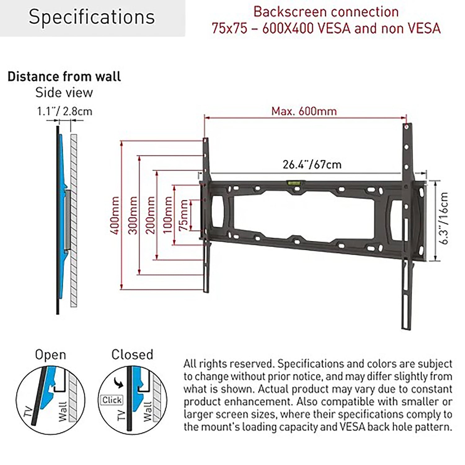 Barkan - Support de Téléviseur Fixe, Pour écran de 13" à 90", Maximum 60kg - Simple Boutique