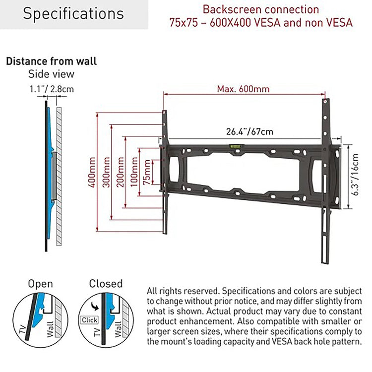 Barkan - Support de Téléviseur Fixe, Pour écran de 13" à 90", Maximum 60kg - Simple Boutique