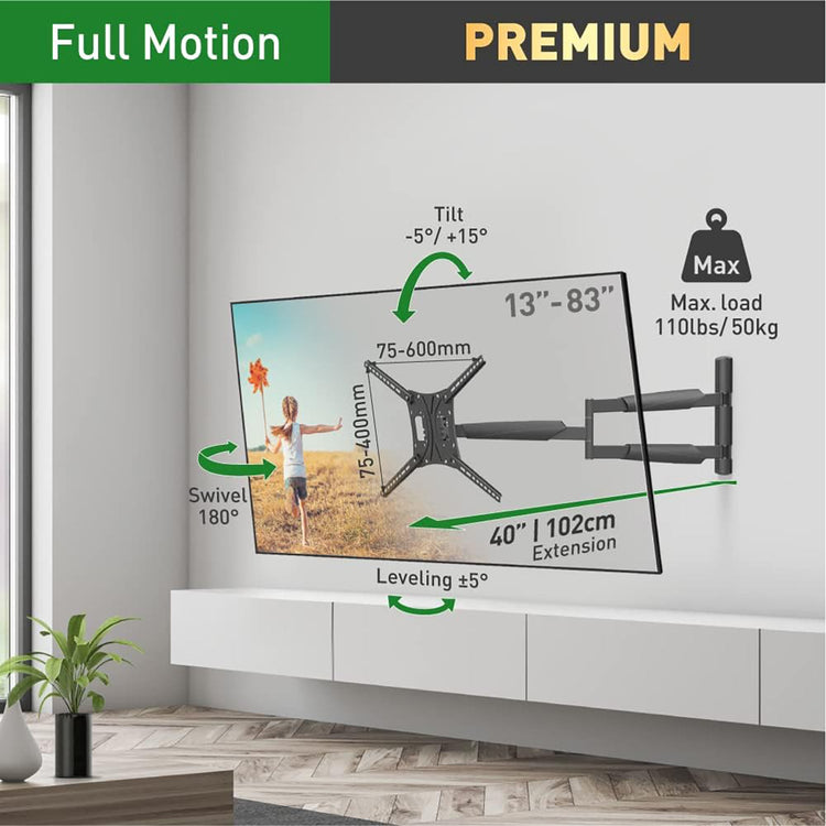 Barkan - Support pour Téléviseur Extra-Long Full Motion, Pour Écran Plat ou Incurvé de 13" à 83", Maximum 50kg - Simple Boutique