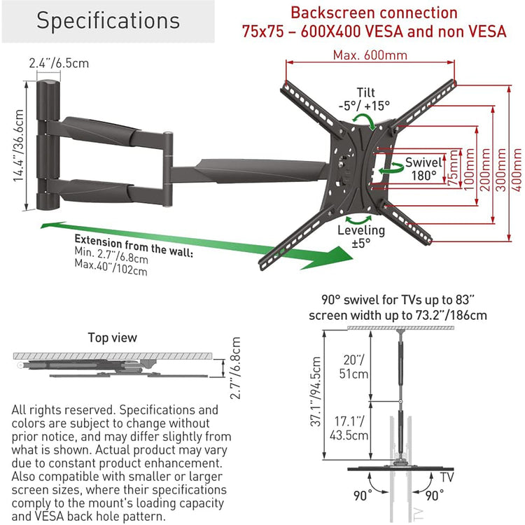 Barkan - Support pour Téléviseur Extra-Long Full Motion, Pour Écran Plat ou Incurvé de 13" à 83", Maximum 50kg - Simple Boutique