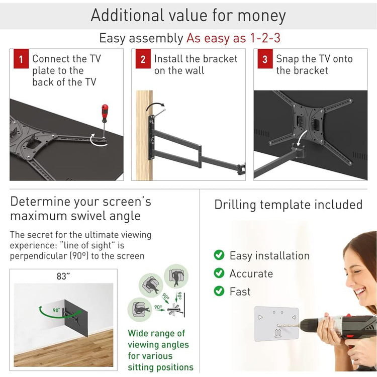 Barkan - Support pour Téléviseur Extra-Long Full Motion, Pour Écran Plat ou Incurvé de 13" à 83", Maximum 50kg - Simple Boutique