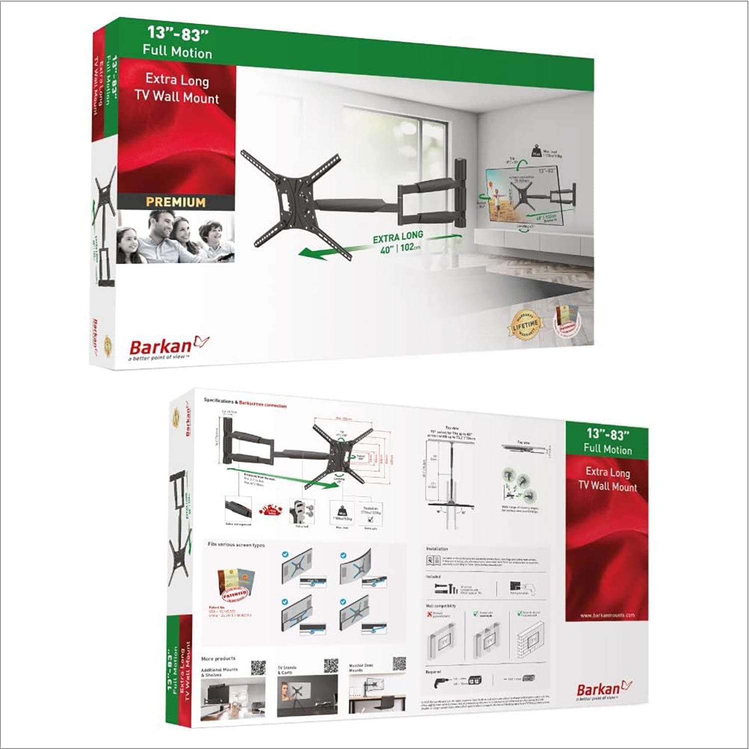 Barkan - Support pour Téléviseur Extra-Long Full Motion, Pour Écran Plat ou Incurvé de 13" à 83", Maximum 50kg - Simple Boutique