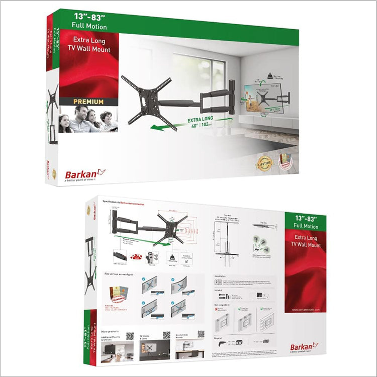 Barkan - Support pour Téléviseur Extra-Long Full Motion, Pour Écran Plat ou Incurvé de 13" à 83", Maximum 50kg - Simple Boutique