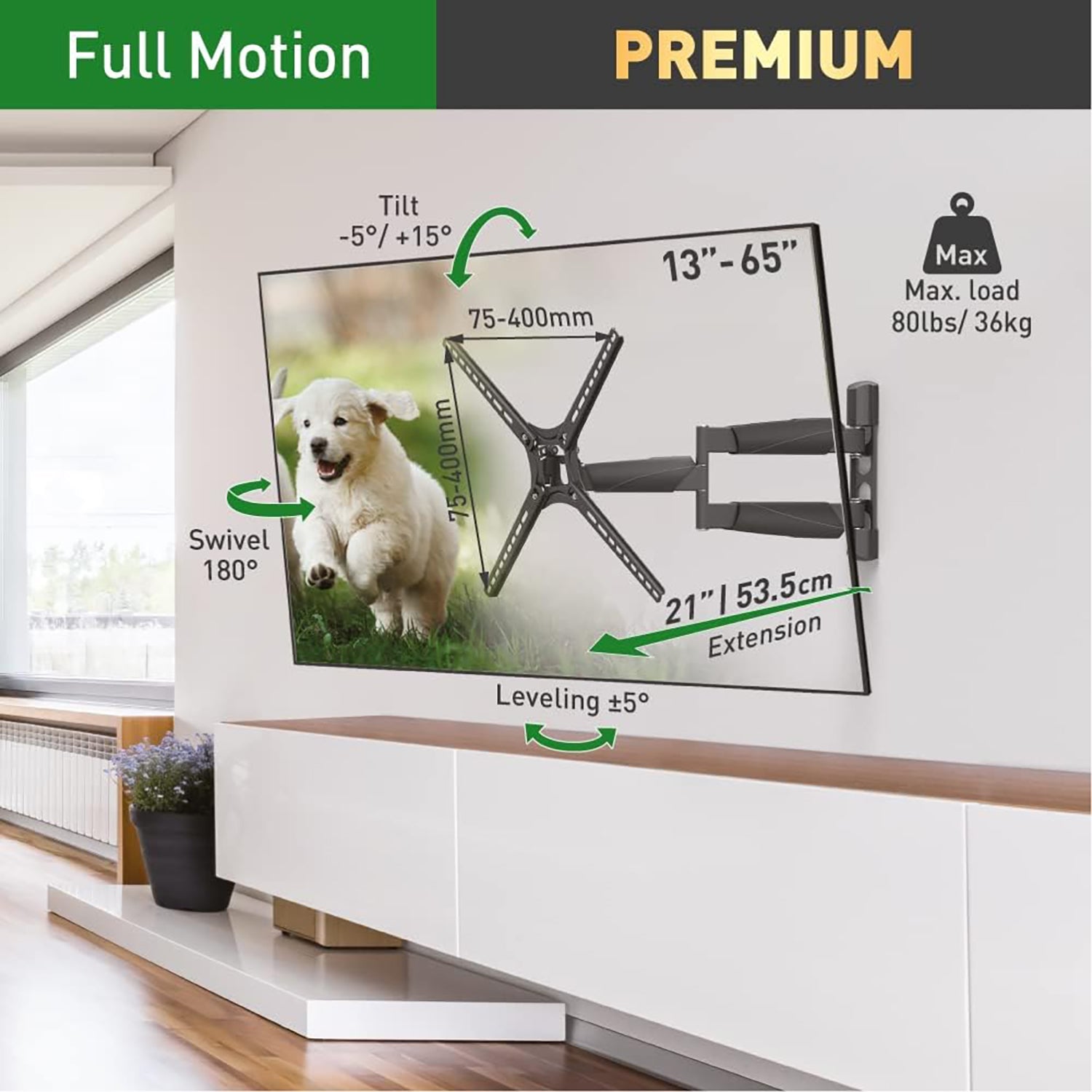 Barkan - Support pour Téléviseur Mural Full Motion, Pour Écran Plat ou Incurvé de 13" à 65", Maximum 36kg - Simple Boutique