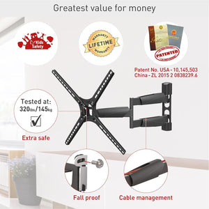 Barkan - Support pour Téléviseur Mural Full Motion, Pour Écran Plat ou Incurvé de 13" à 65", Maximum 36kg - Simple Boutique