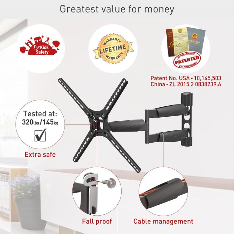 Barkan - Support pour Téléviseur Mural Full Motion, Pour Écran Plat ou Incurvé de 13" à 65", Maximum 36kg - Simple Boutique