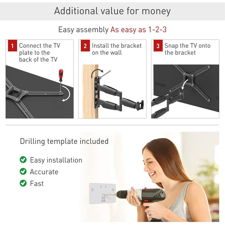 Barkan - Support pour Téléviseur Mural Full Motion, Pour Écran Plat ou Incurvé de 13" à 65", Maximum 36kg - Simple Boutique