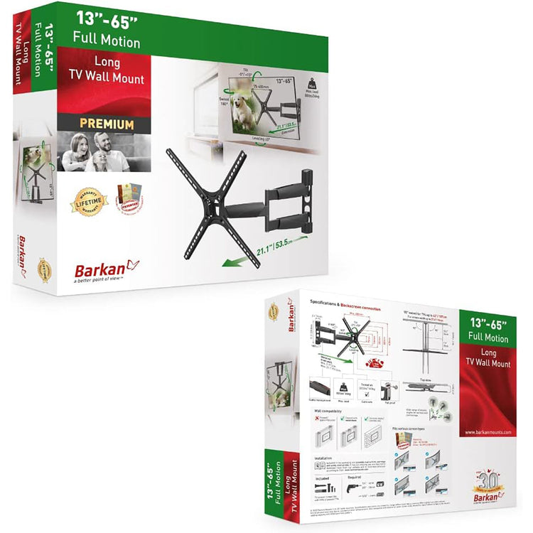 Barkan - Support pour Téléviseur Mural Full Motion, Pour Écran Plat ou Incurvé de 13" à 65", Maximum 36kg - Simple Boutique