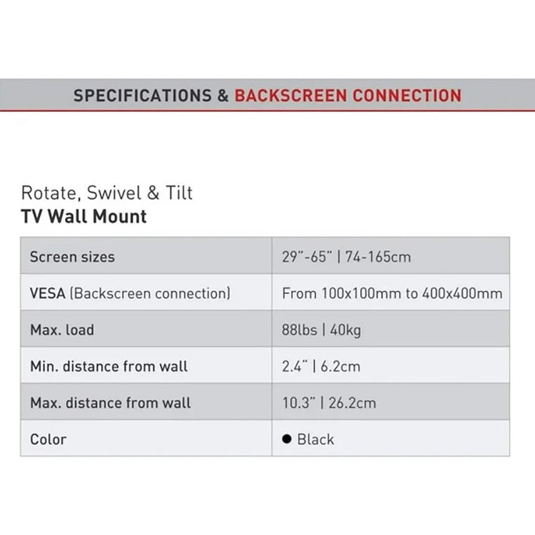Barkan - Support pour Téléviseur Mural Full Motion, Pour Écran Plat ou Incurvé de 29" à 65", Poid Maximum 40kg - Simple Boutique
