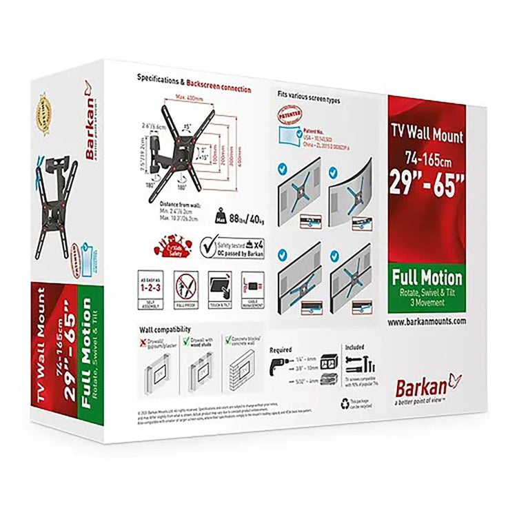 Barkan - Support pour Téléviseur Mural Full Motion, Pour Écran Plat ou Incurvé de 29" à 65", Poid Maximum 40kg - Simple Boutique