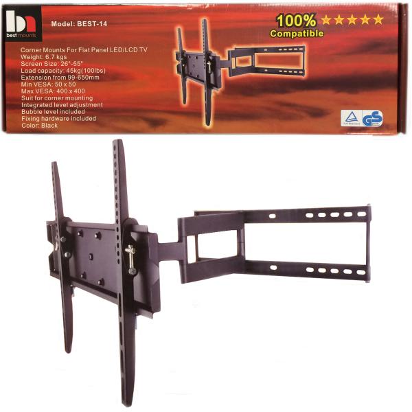 Best Mounts Support Mural Articulé en Coin pour Téléviseur de 26 à 55 po, jusqu'à 45 kg, Noir - BEST-14 - Simple Boutique