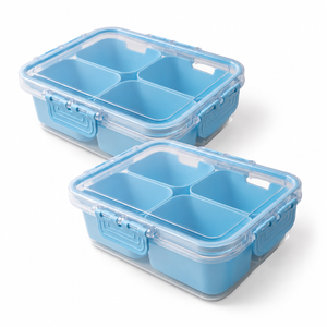 Boîte à goûter JS Gourmet 4 compartiments avec poignée — Bleue — Lot de 2
