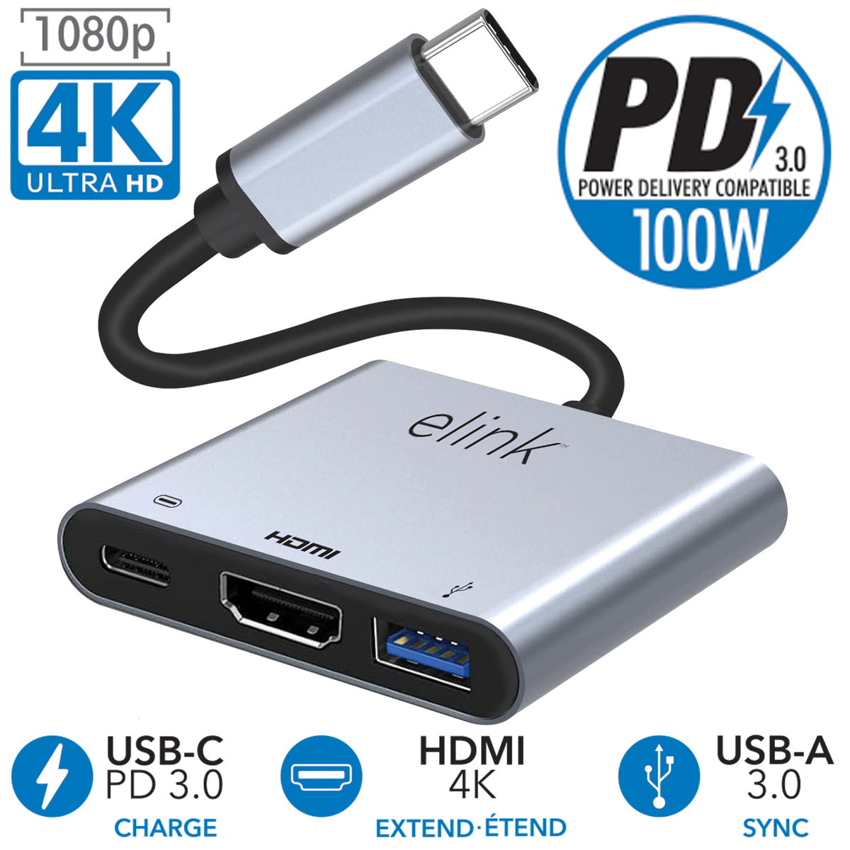 Boost Adaptateur USB-C 3 en 1 vers HDMI 4K, USB 3.0 et Recharge USB-C 100 W, Gris - Simple Boutique