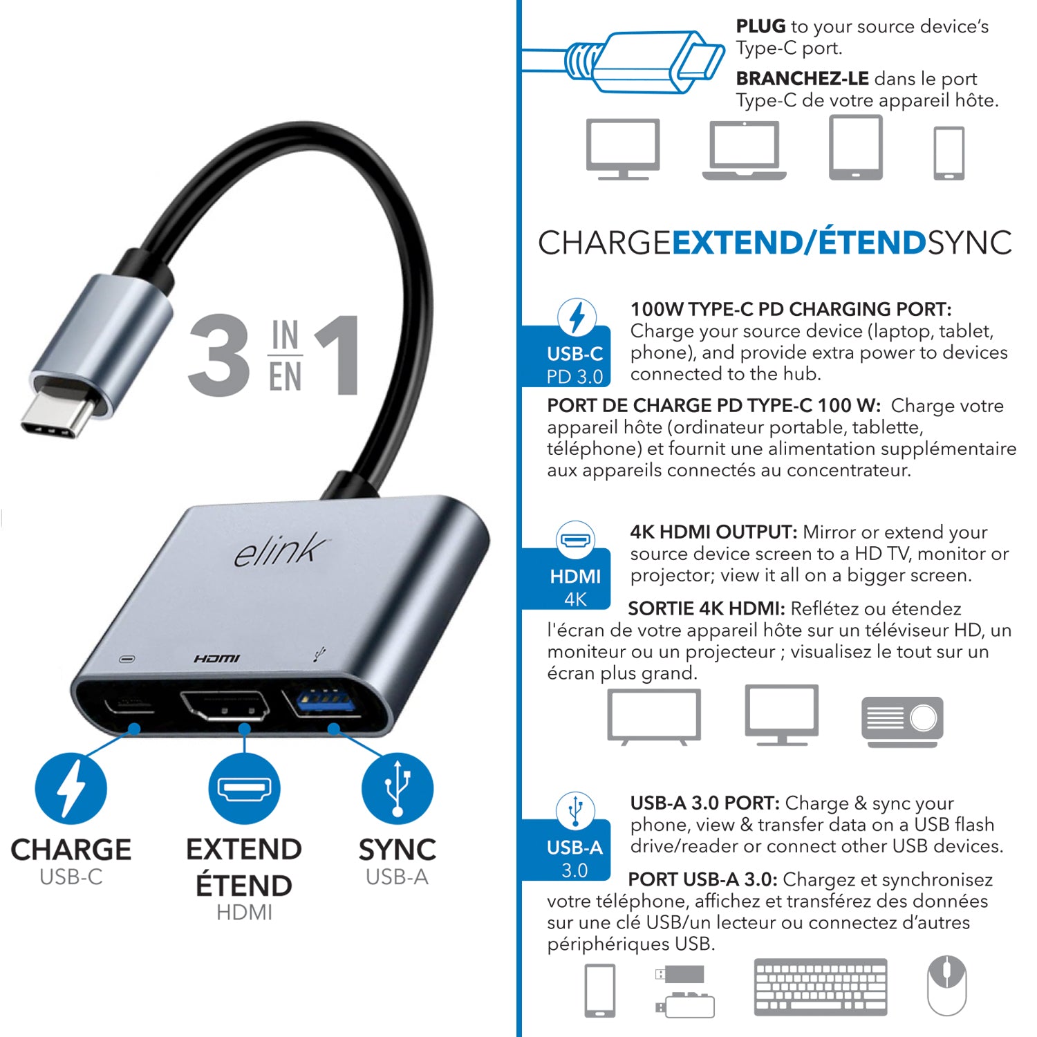 Boost Adaptateur USB-C 3 en 1 vers HDMI 4K, USB 3.0 et Recharge USB-C 100 W, Gris - Simple Boutique