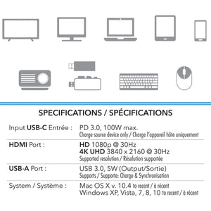 Boost Adaptateur USB-C 3 en 1 vers HDMI 4K, USB 3.0 et Recharge USB-C 100 W, Gris - Simple Boutique