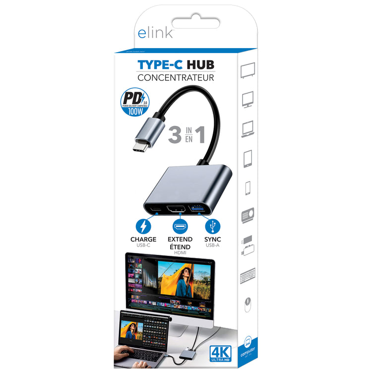 Boost Adaptateur USB-C 3 en 1 vers HDMI 4K, USB 3.0 et Recharge USB-C 100 W, Gris - Simple Boutique