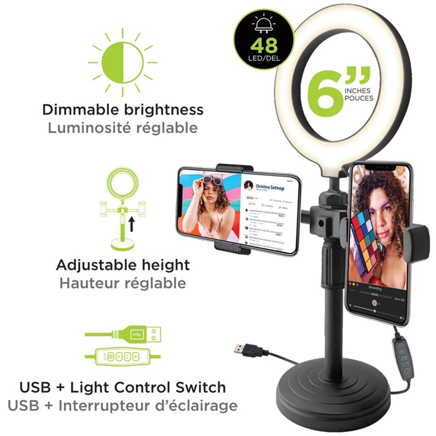 Boost - Anneau de Lumière LED de 6" avec 2 Supports de Téléphone, Noir - Simple Boutique