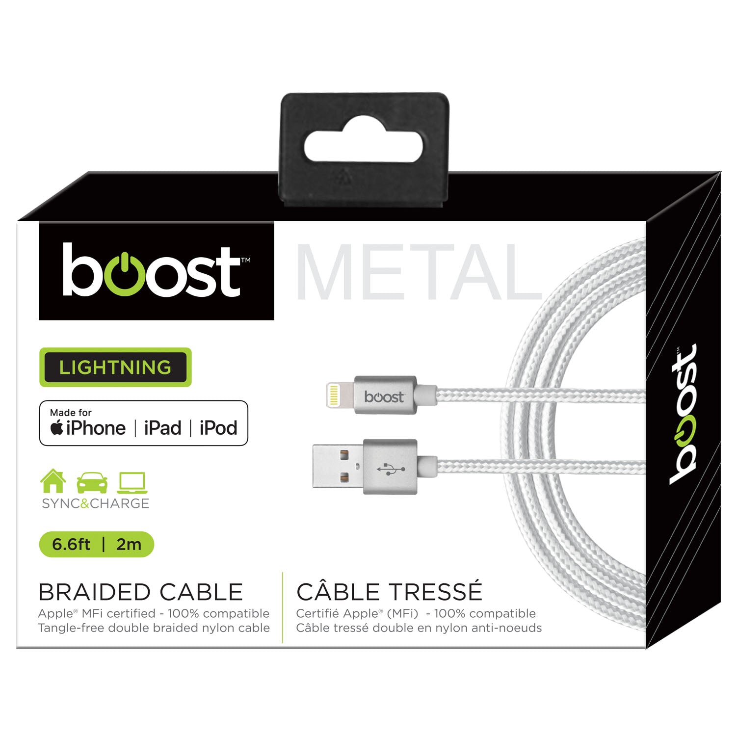 Boost Câble Lightning à USB Tressé 6,6 pi Certifié MFi, Embouts en Métal, Blanc - Simple Boutique