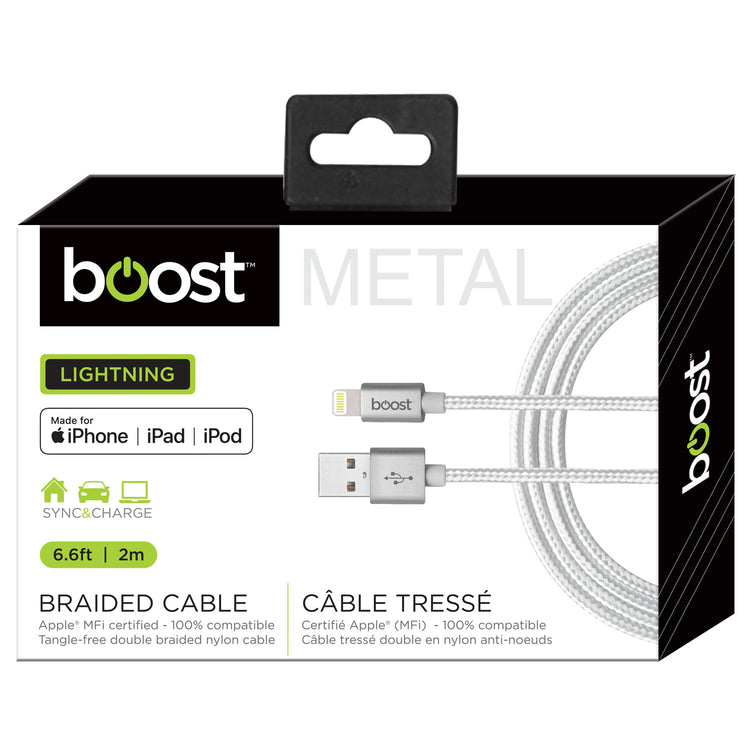 Boost Câble Lightning à USB Tressé 6,6 pi Certifié MFi, Embouts en Métal, Blanc - Simple Boutique