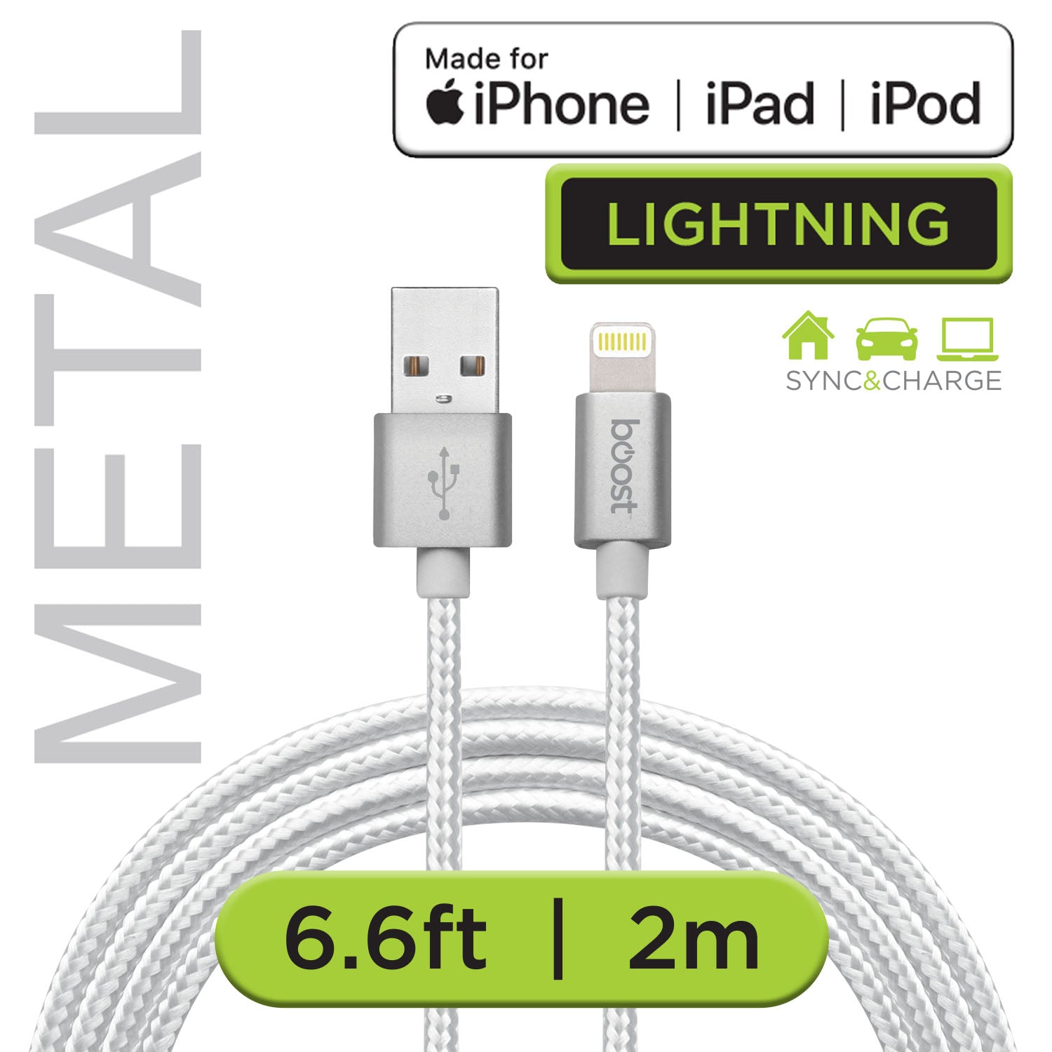 Boost Câble Lightning à USB Tressé 6,6 pi Certifié MFi, Embouts en Métal, Blanc - Simple Boutique