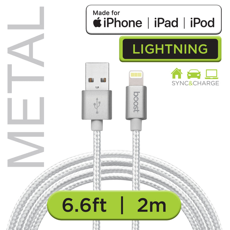 Boost Câble Lightning à USB Tressé 6,6 pi Certifié MFi, Embouts en Métal, Blanc - Simple Boutique