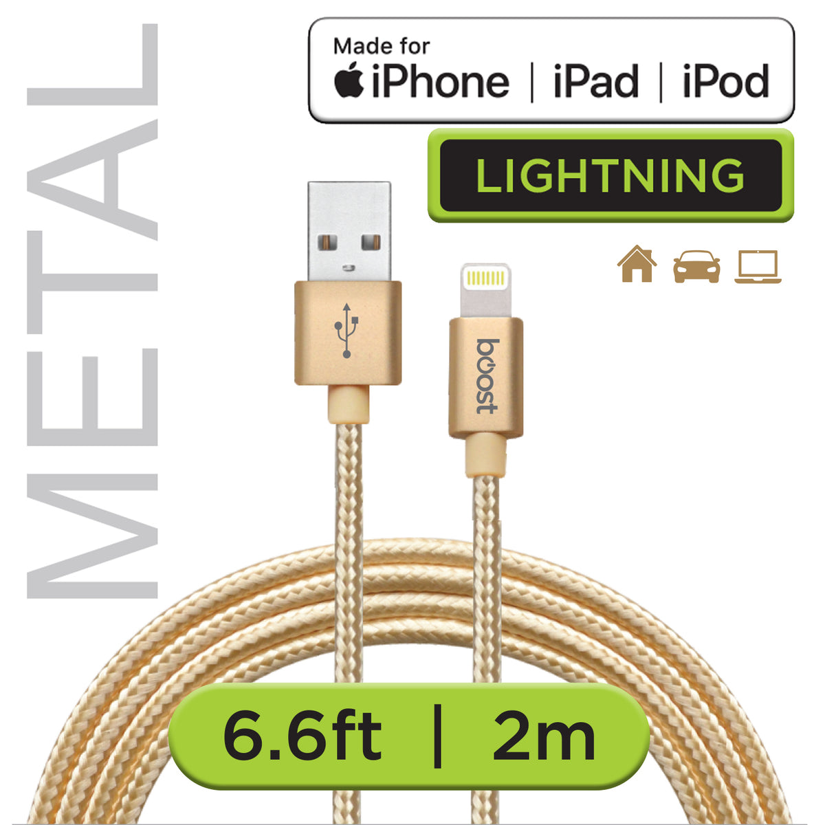 Boost Câble Lightning à USB Tressé 6,6 pi Certifié MFi, Embouts en Métal, Doré - Simple Boutique