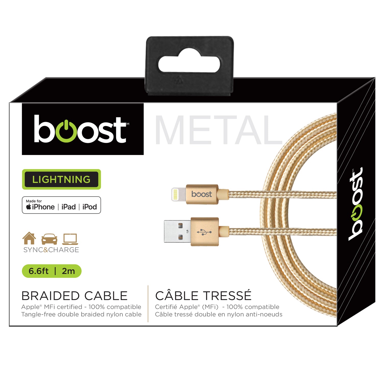 Boost Câble Lightning à USB Tressé 6,6 pi Certifié MFi, Embouts en Métal, Doré - Simple Boutique