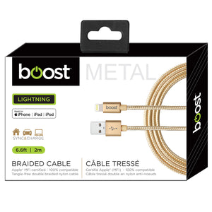 Boost Câble Lightning à USB Tressé 6,6 pi Certifié MFi, Embouts en Métal, Doré - Simple Boutique
