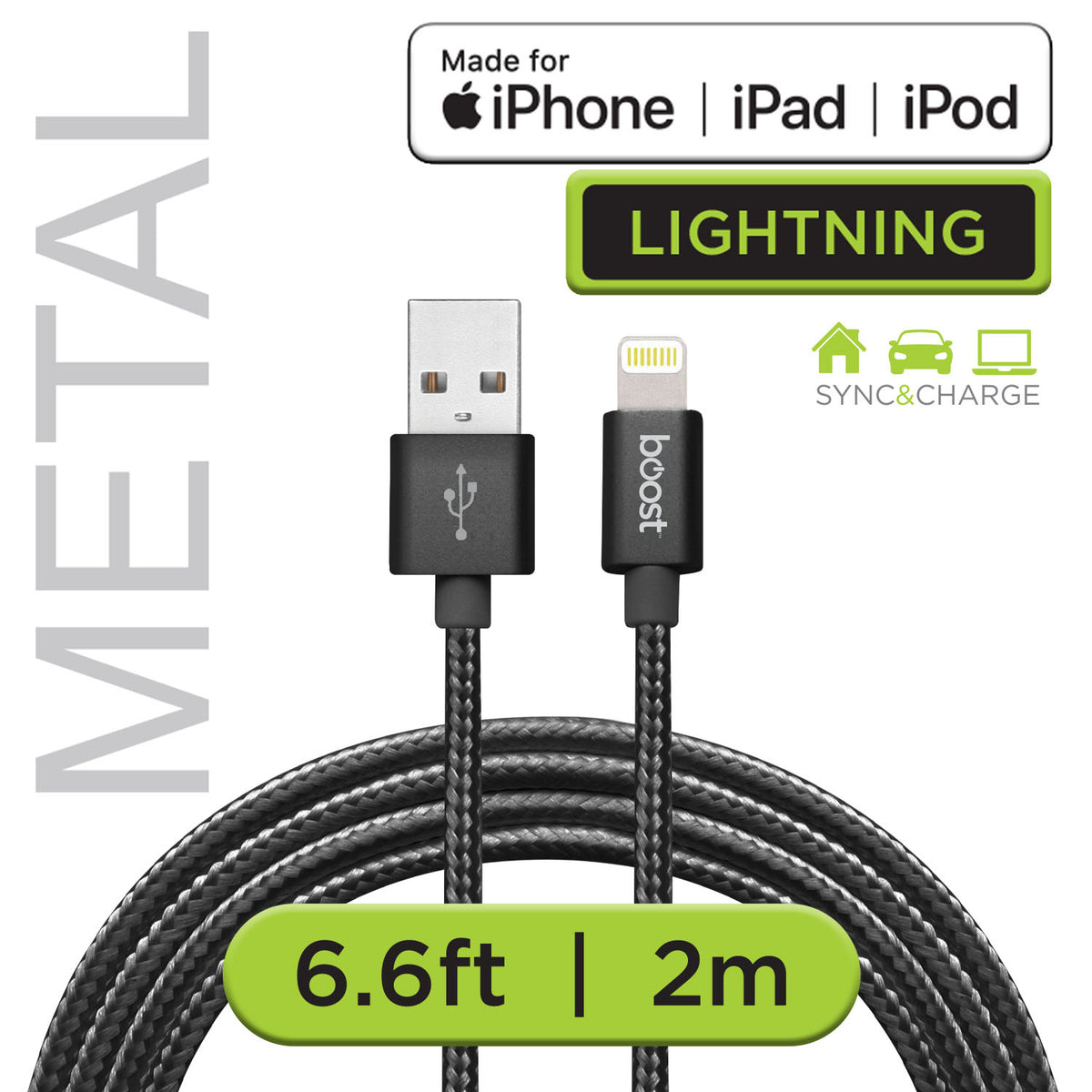 Boost Câble Lightning à USB Tressé 6,6 pi Certifié MFi, Embouts en Métal, Noir - Simple Boutique