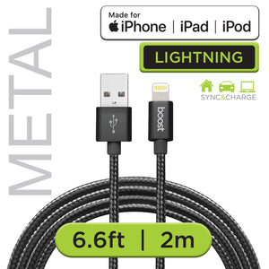 Boost Câble Lightning à USB Tressé 6,6 pi Certifié MFi, Embouts en Métal, Noir - Simple Boutique