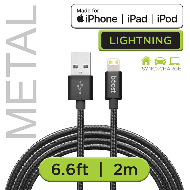 Boost Câble Lightning à USB Tressé 6,6 pi Certifié MFi, Embouts en Métal, Noir - Simple Boutique