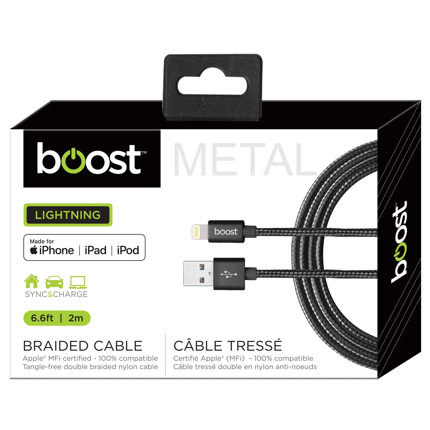 Boost Câble Lightning à USB Tressé 6,6 pi Certifié MFi, Embouts en Métal, Noir - Simple Boutique