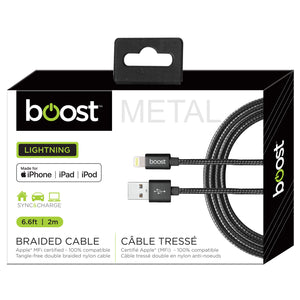 Boost Câble Lightning à USB Tressé 6,6 pi Certifié MFi, Embouts en Métal, Noir - Simple Boutique