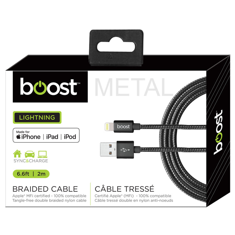 Boost Câble Lightning à USB Tressé 6,6 pi Certifié MFi, Embouts en Métal, Noir - Simple Boutique
