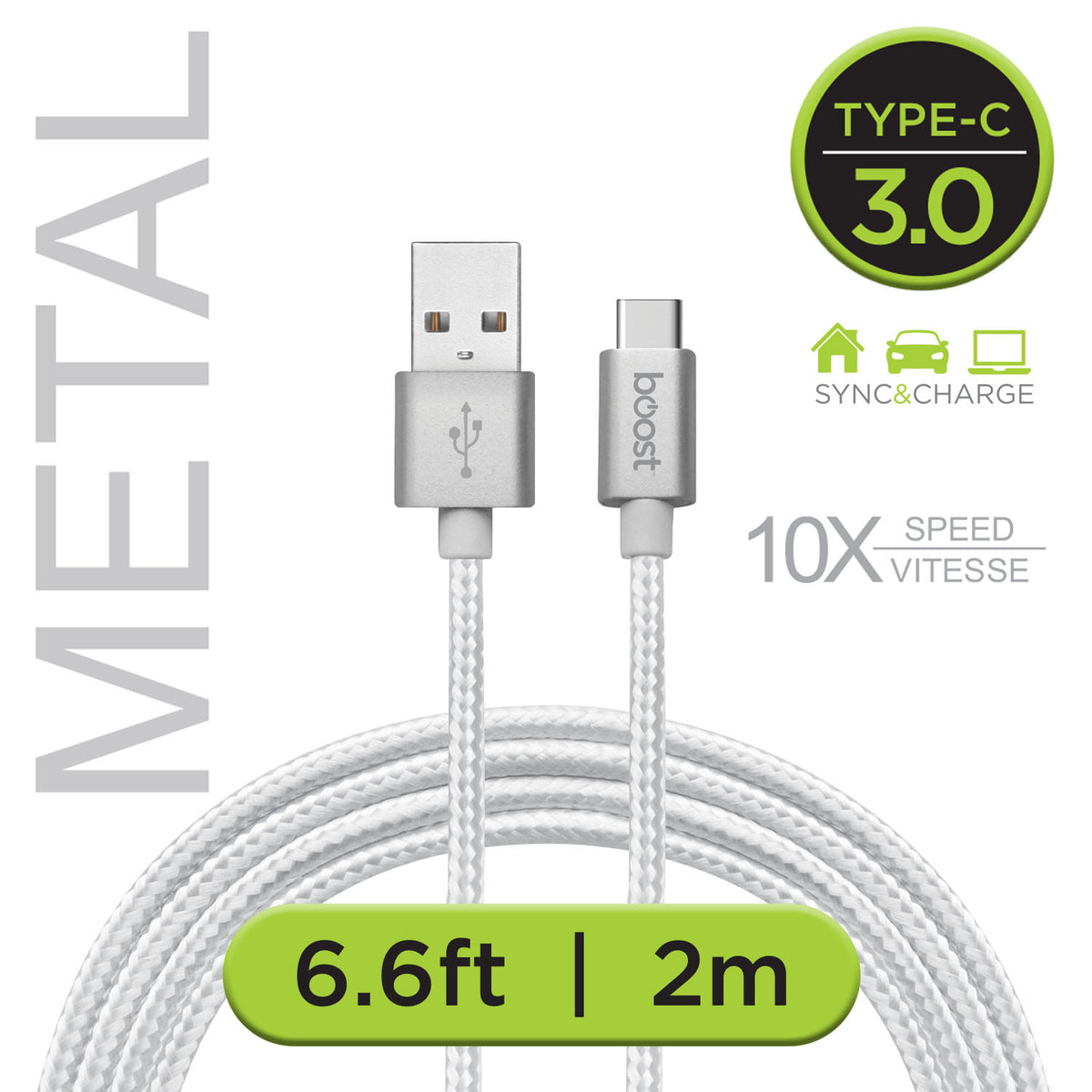 Boost Câble USB-C à USB 3.0 Tressé 6,6 pi, Embouts en Métal, Blanc - Simple Boutique