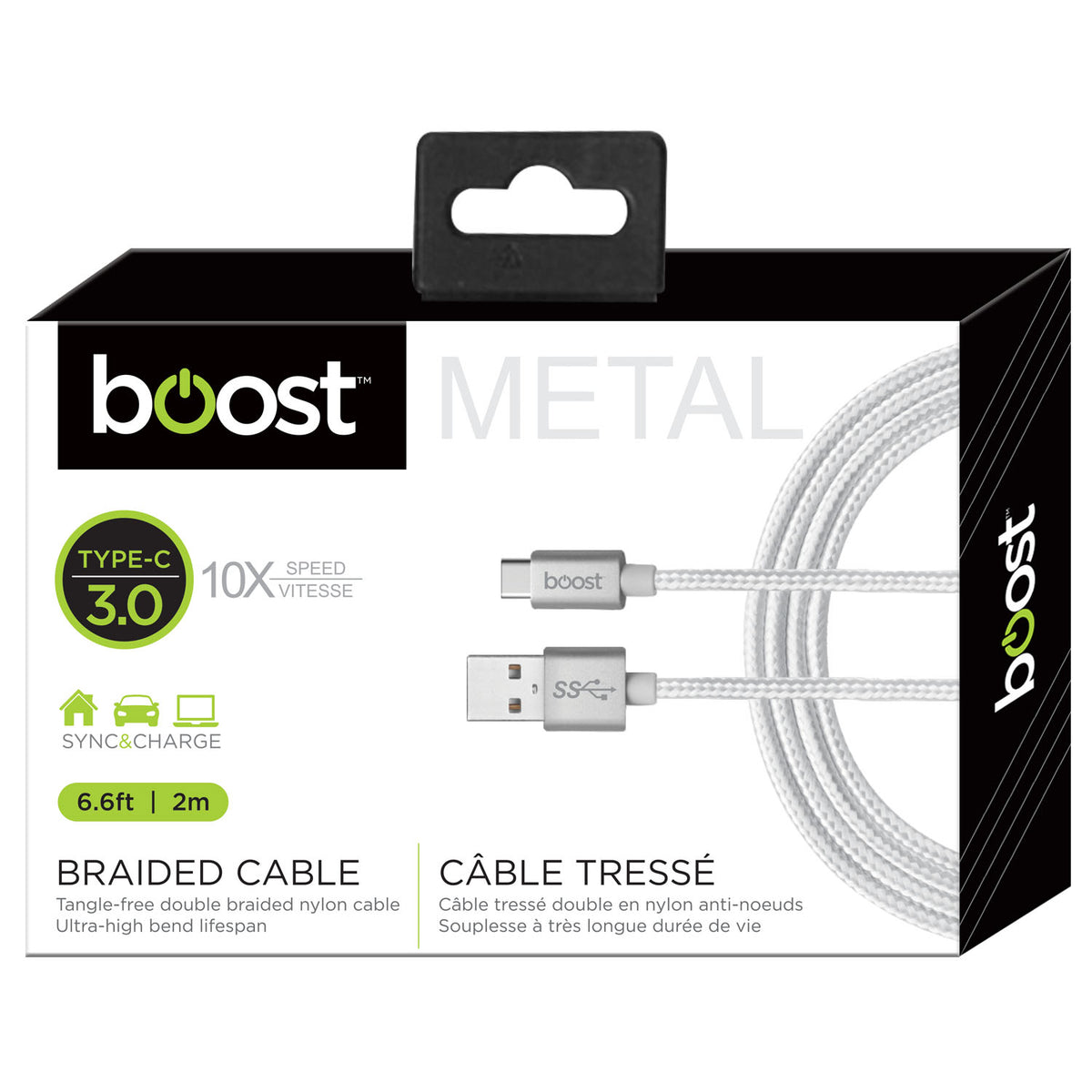 Boost Câble USB-C à USB 3.0 Tressé 6,6 pi, Embouts en Métal, Blanc - Simple Boutique