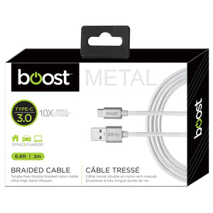 Boost Câble USB-C à USB 3.0 Tressé 6,6 pi, Embouts en Métal, Blanc - Simple Boutique