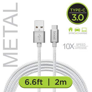 Boost Câble USB-C à USB 3.0 Tressé 6,6 pi, Embouts en Métal, Blanc - Simple Boutique