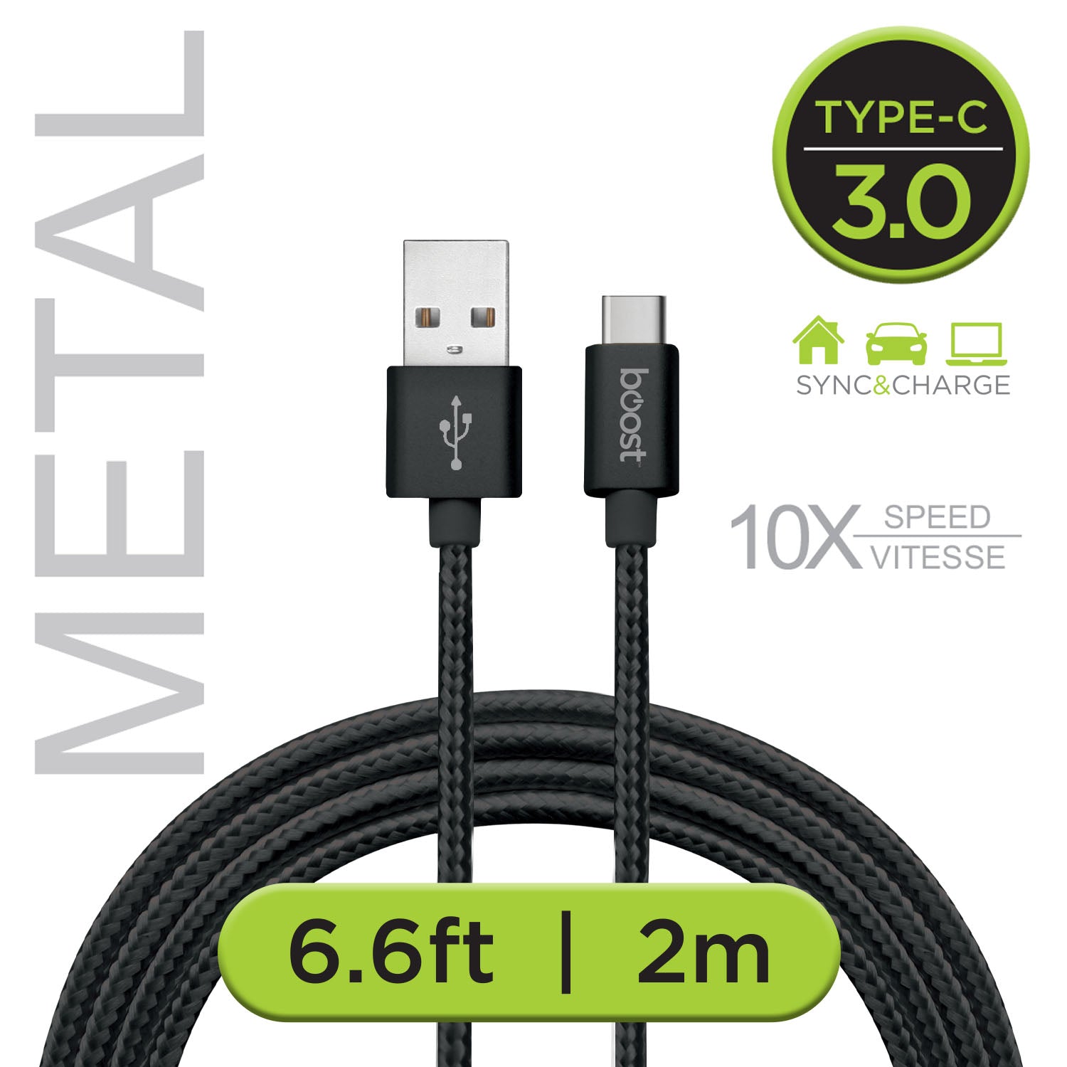 Boost Câble USB-C à USB 3.0 Tressé 6,6 pi, Embouts en Métal, Noir - Simple Boutique