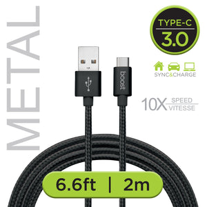 Boost Câble USB-C à USB 3.0 Tressé 6,6 pi, Embouts en Métal, Noir - Simple Boutique