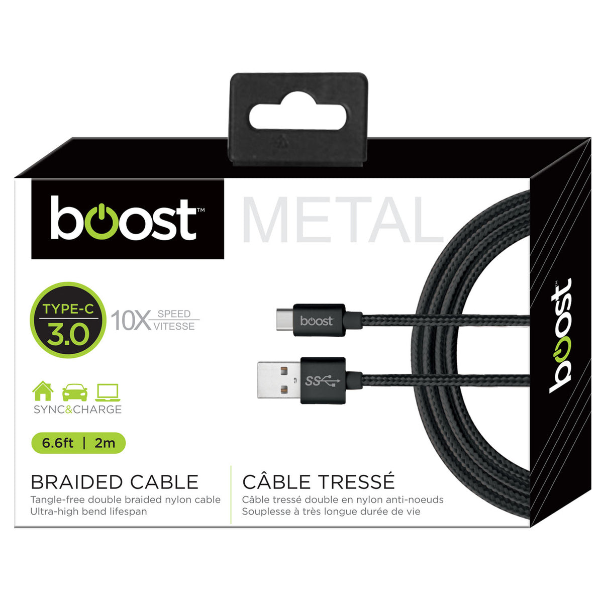 Boost Câble USB-C à USB 3.0 Tressé 6,6 pi, Embouts en Métal, Noir - Simple Boutique