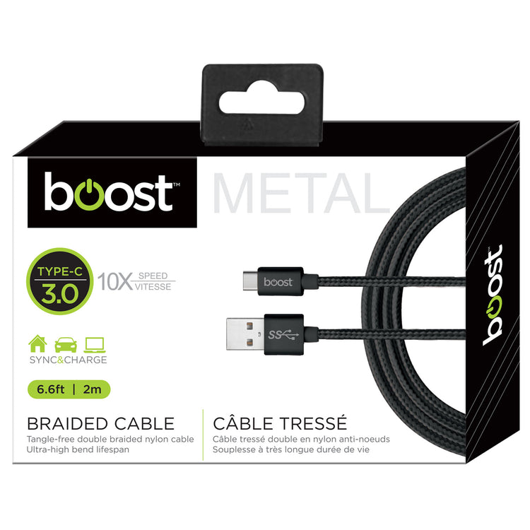 Boost Câble USB-C à USB 3.0 Tressé 6,6 pi, Embouts en Métal, Noir - Simple Boutique