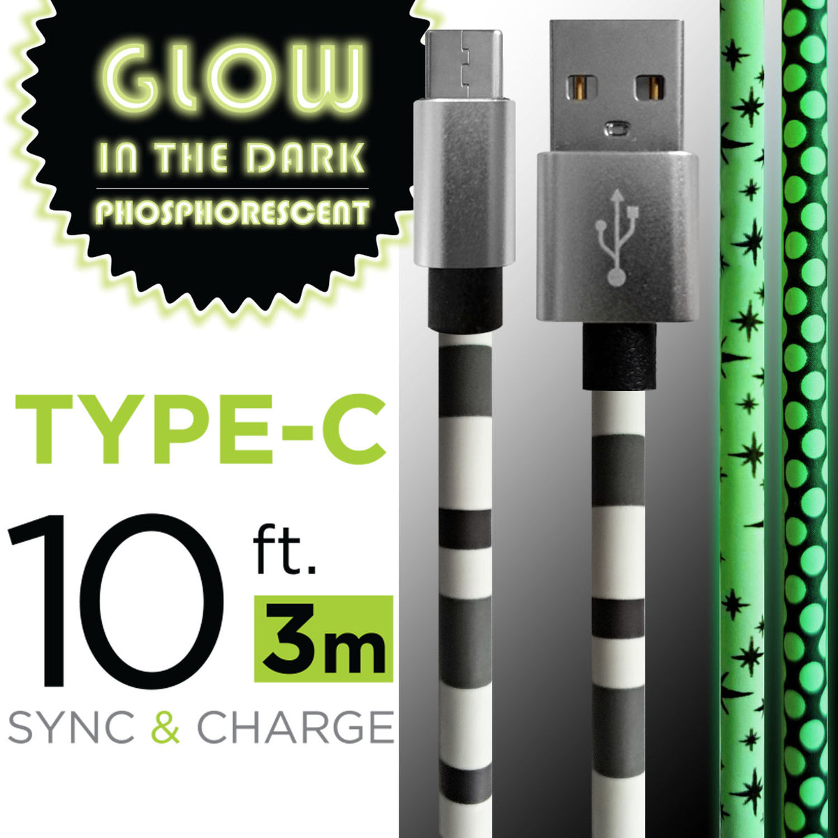 Boost Câble USB-C à USB Phosphorescent 10 pi, Brille dans le Noir, Motif Assorti - Simple Boutique