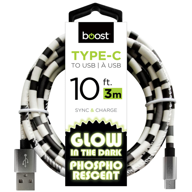 Boost Câble USB-C à USB Phosphorescent 10 pi, Brille dans le Noir, Motif Assorti - Simple Boutique