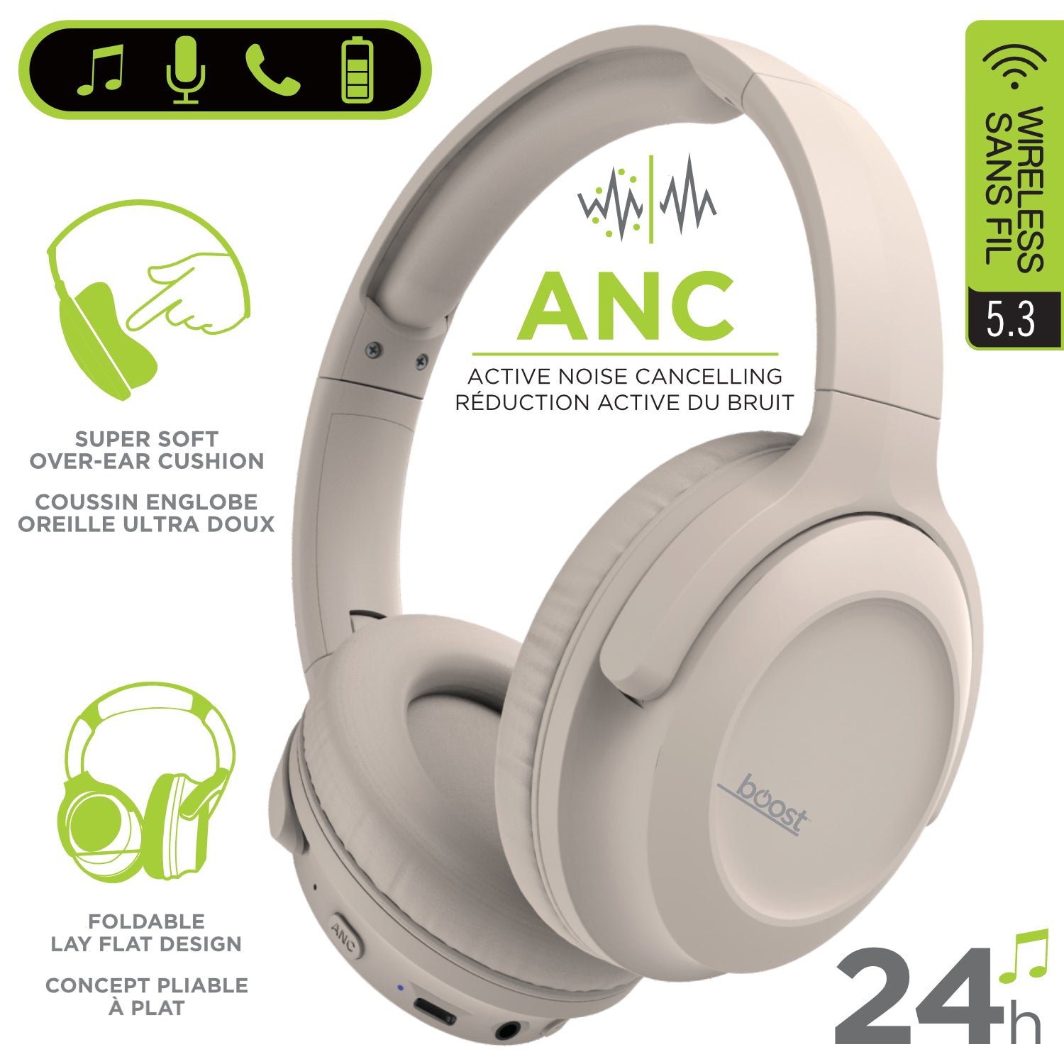 Boost - Casque d'écoute Sans Fil, Réduction de Bruit Active, Microphone Intégré, Beige - Simple Boutique