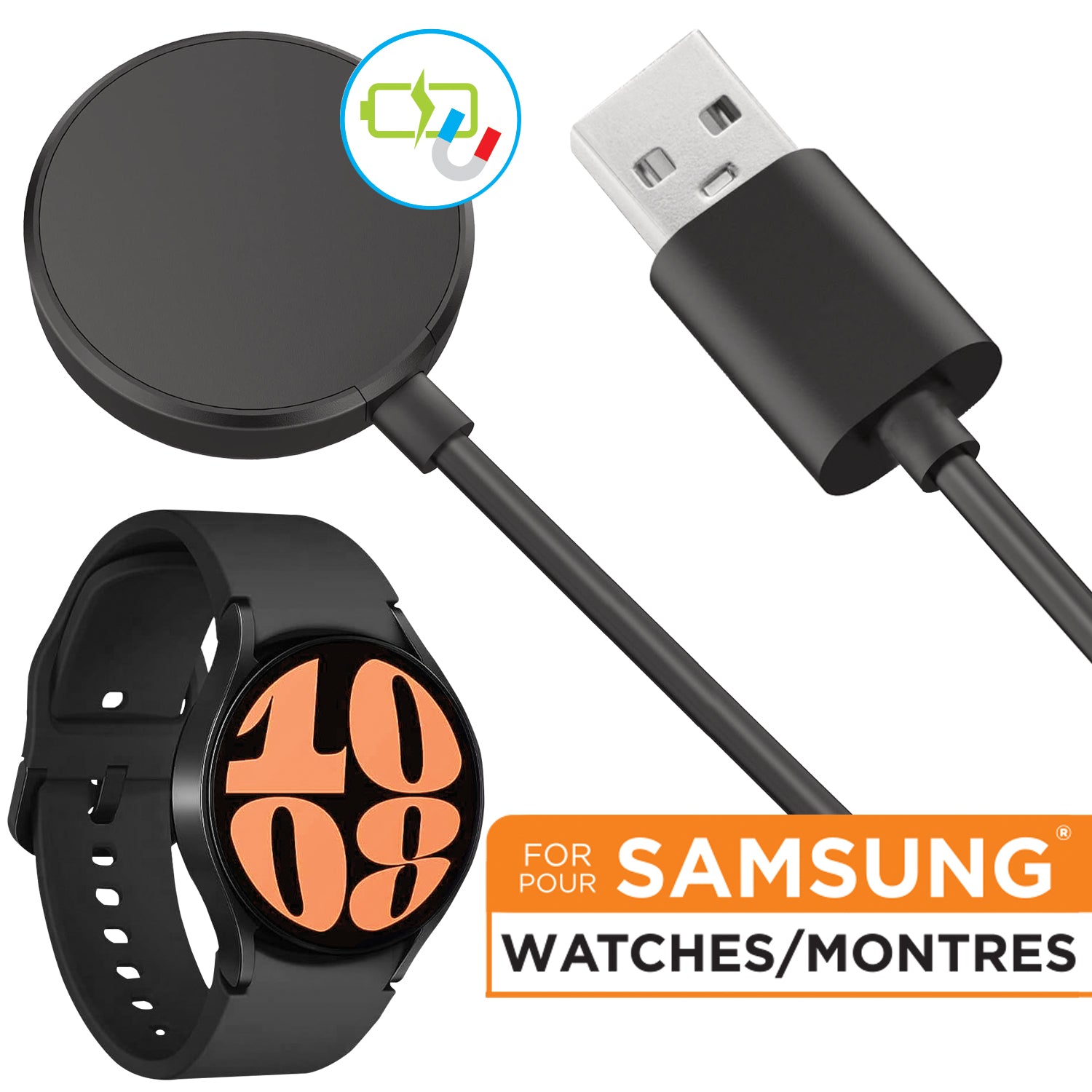 Boost Chargeur Magnétique pour Samsung Galaxy Watch, Câble USB 3,3 pi, Noir - Simple Boutique