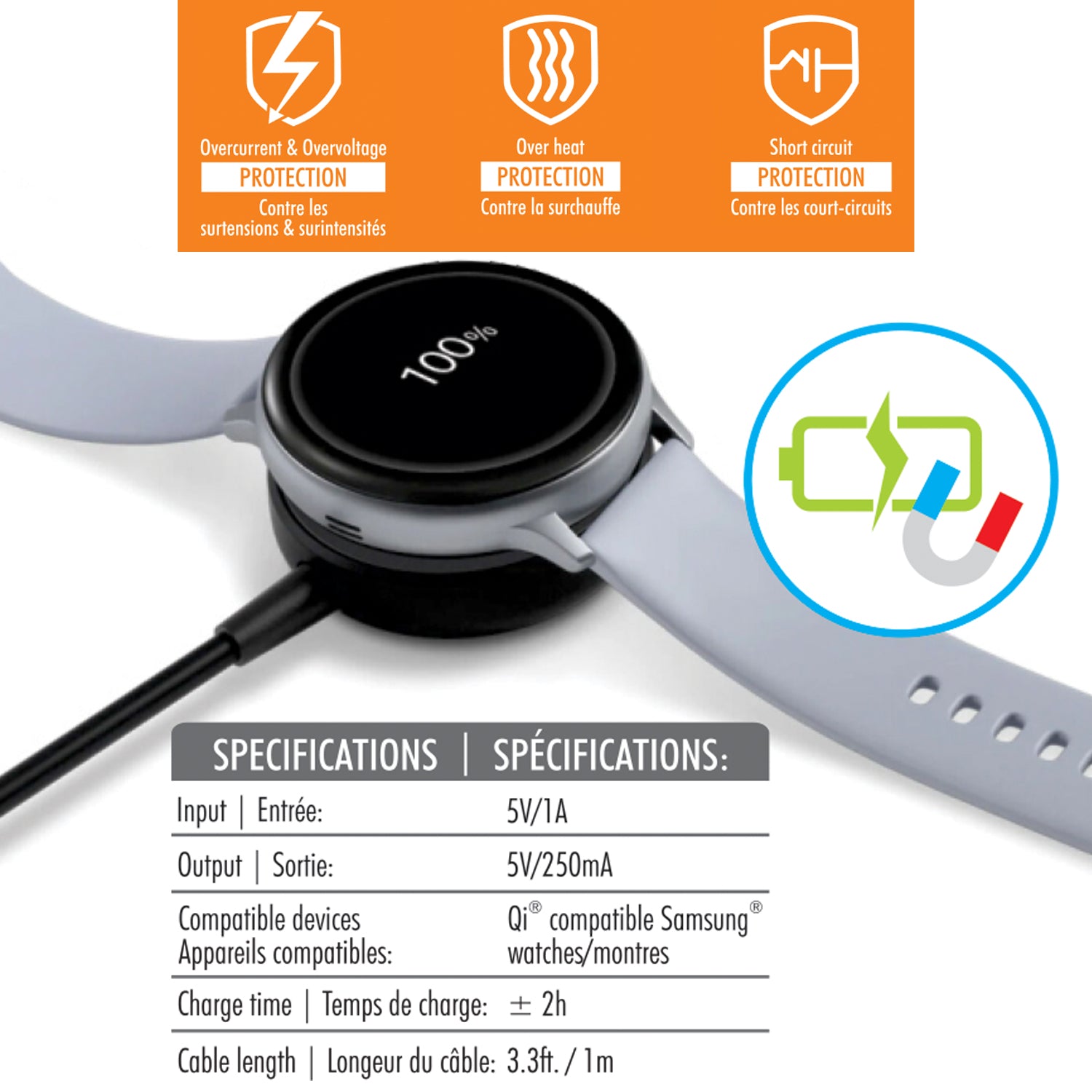 Boost Chargeur Magnétique pour Samsung Galaxy Watch, Câble USB 3,3 pi, Noir - Simple Boutique