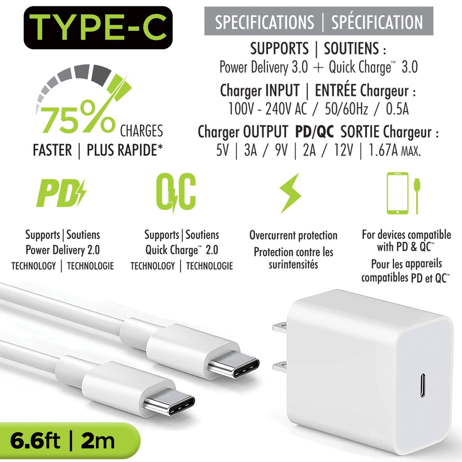 Boost Chargeur Mural USB-C 20 W avec Câble USB-C à USB-C 60 W de 6,6 pi, Charge Rapide, Blanc - Simple Boutique